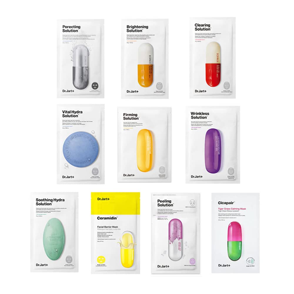 KOSBEAUTY Dr. Jart Mask Sheet Set 7 Pcs Random(Brightening, Ceramidin, Clearing, Firming, Peeling, Porecting, Soothing, Tiger Calming, Vital Hydra, Wrinkle), Skincare, Facial care