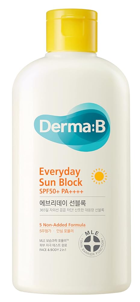 Derma B Everyday Sun Block Large Size Sunscreen SPF50+ PA++++ 6.71 Fl Oz, 200ml Fast-Absorbing Lightweight SPF Moisturizer, Facial Body Non-Sticky for Dewy Skin, Korean Protection Lotion