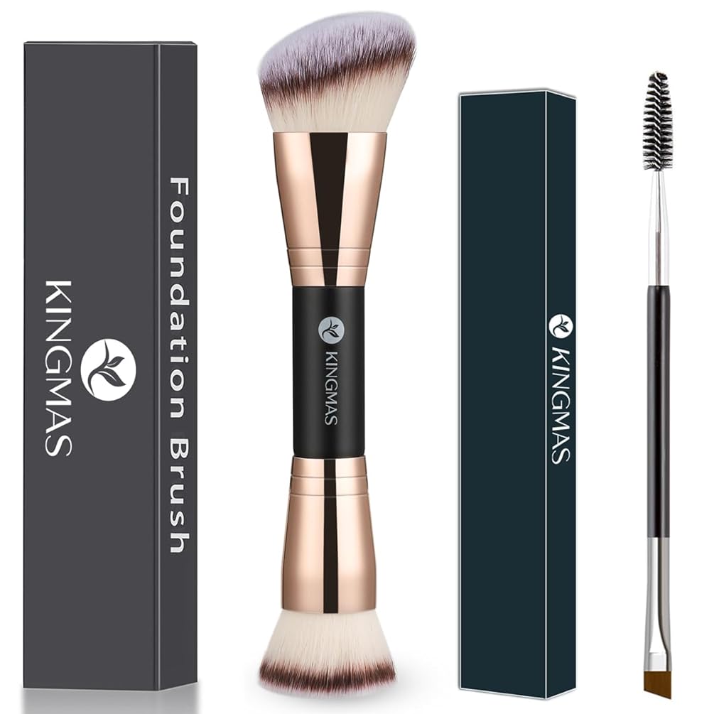 KINGMAS Foundation Makeup Brush, Kabuki Brush, Double-Ended Contour Brush and Double-Ended Angled Eyebrow Brush and Spoolie Brush (Black)