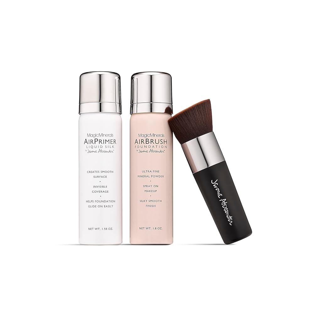 MagicMinerals AirBrush Foundation Set by Jerome Alexander (LIGHT MEDIUM) Ð 3pc Set Includes Primer, Foundation and Kabuki Brush - Spray Makeup with Anti-aging Ingredients for Smooth Radiant Skin