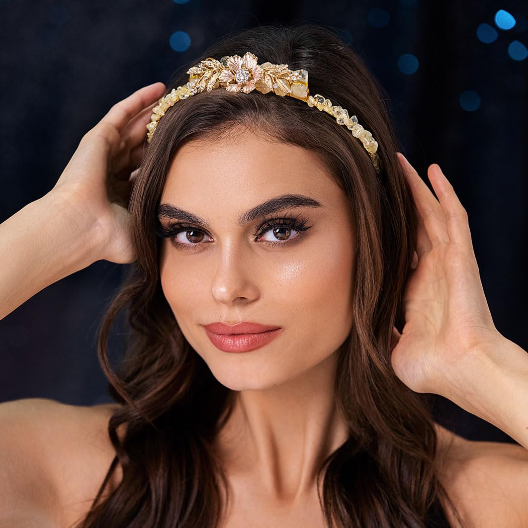 Formery Raw Crystal Tiara Headband Gold Flower Yellow Quartz Crown Hairband Woodland Fairy Elf Halloween Rhinestone Leaves Natural Stone Chip Hair Accessories for Women and Girls