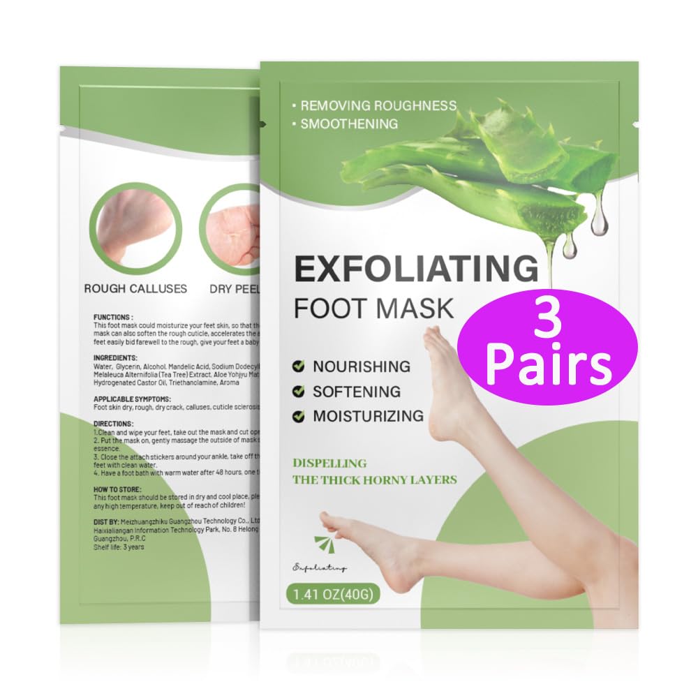 Foot Peel Mask(3 Pairs - Exfoliate, Moisturize and Remove Dead Skin - Natural Aloe Vera Extract - Ideal for Dry, Cracked Heels