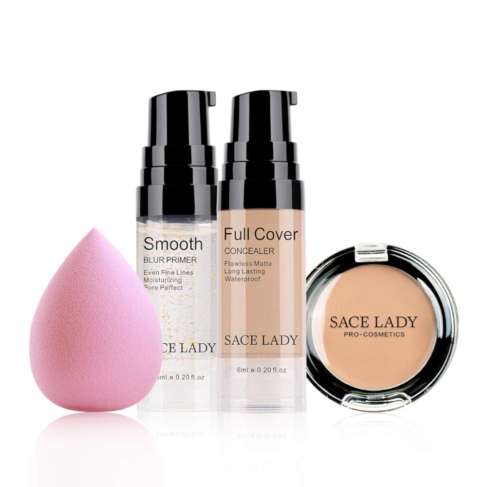 Waterproof Full Coverage Concealer Makeup Kit with Primer Sponge - Matte Liquid Foundation for Face, Eye, and Acne Scar Cover