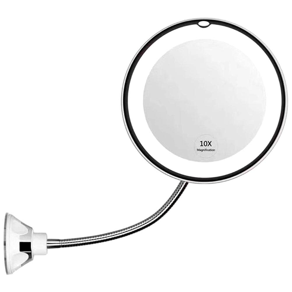 Round Vanity Mirror with Suction Cup, 10X Makeup Mirror with LED Light, 360¡ Swivel, Flexible Gooseneck, Magnifying Mirror Travel and Home Bathroom Vanity Mirror (white)