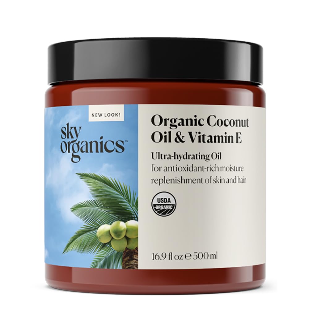 Sky Organics Organic Coconut Oil + Vitamin E for Skin & Hair USDA Certified Organic to Moisturize, Soften & Smooth, 16.9 fl. Oz