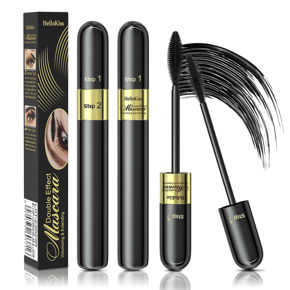 4D 2 in 1 Tubing Mascara Waterproof & Smudge-Proof, Long-Lasting Mascara Black Volumizing and Lengthening, Curling Eyelashes,Eye Makeup, Black (2PCS)