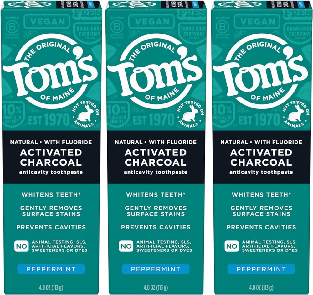 Tom's of Maine Activated Charcoal Whitening Toothpaste with Fluoride, Peppermint, 4.7 oz. 3-Pack (Packaging May Vary)