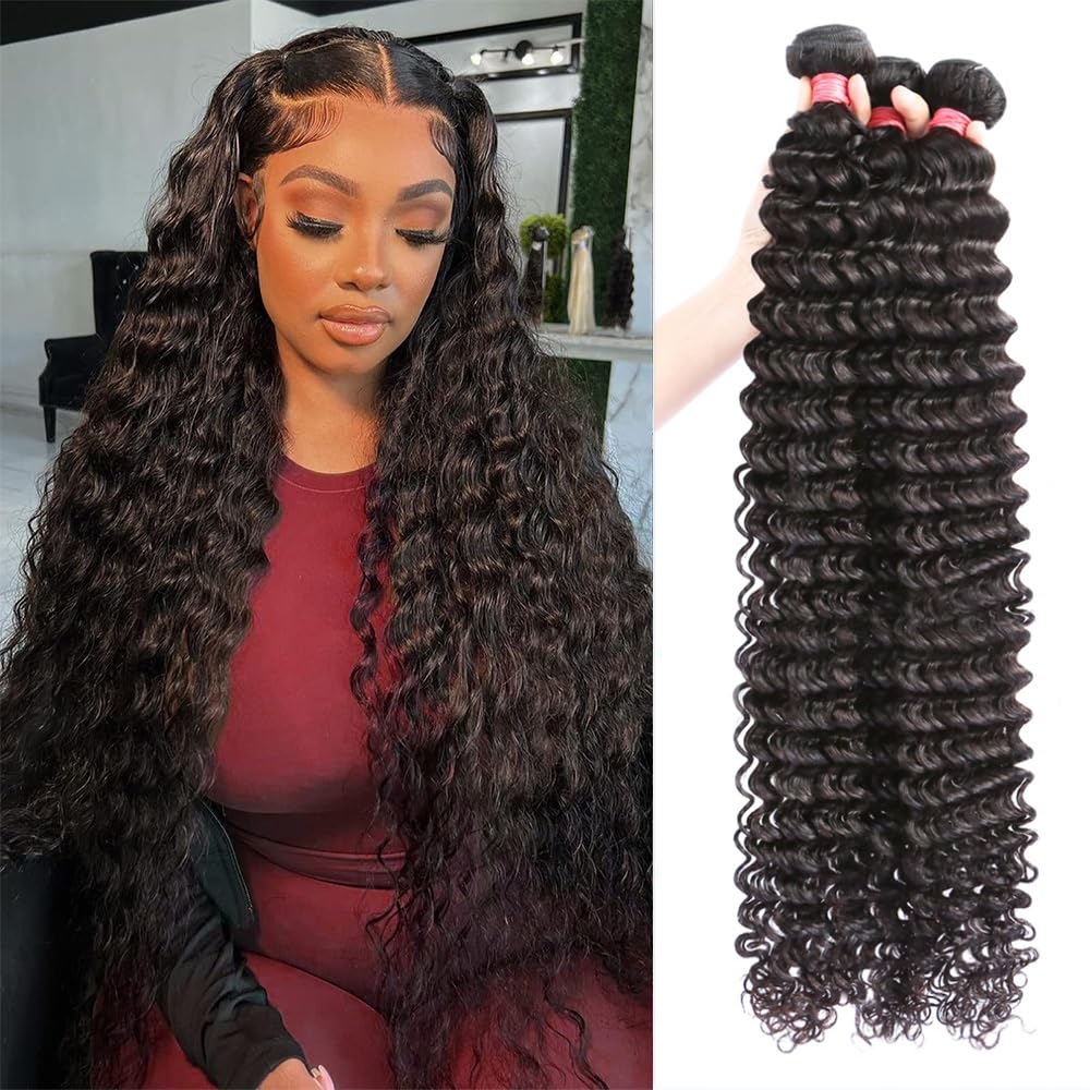 12A Deep Wave Human Hair Bundles 22 24 26 Inch Brazilian Deep Wave Curly Bundles Human Hair 3 Bundles 100% Unprocessed Virgin Remy Wet and Wavy Human Hair Weave Bundles Deals Natural Black