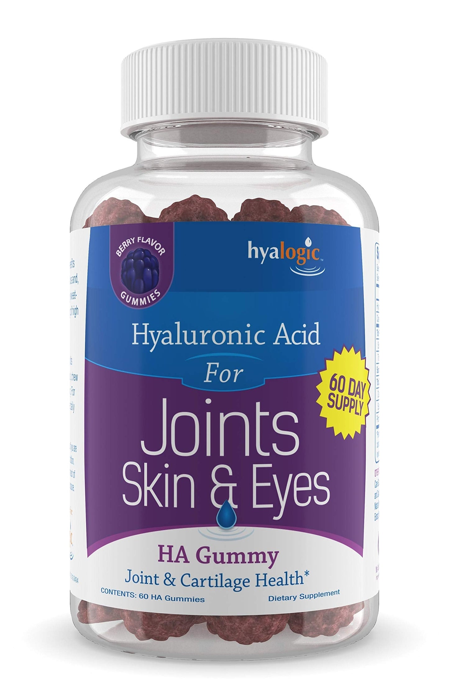 Hyalogic Chewy HA Gummies 60 ct Mixed Berry Flavor for Joints, Skin & Eyes