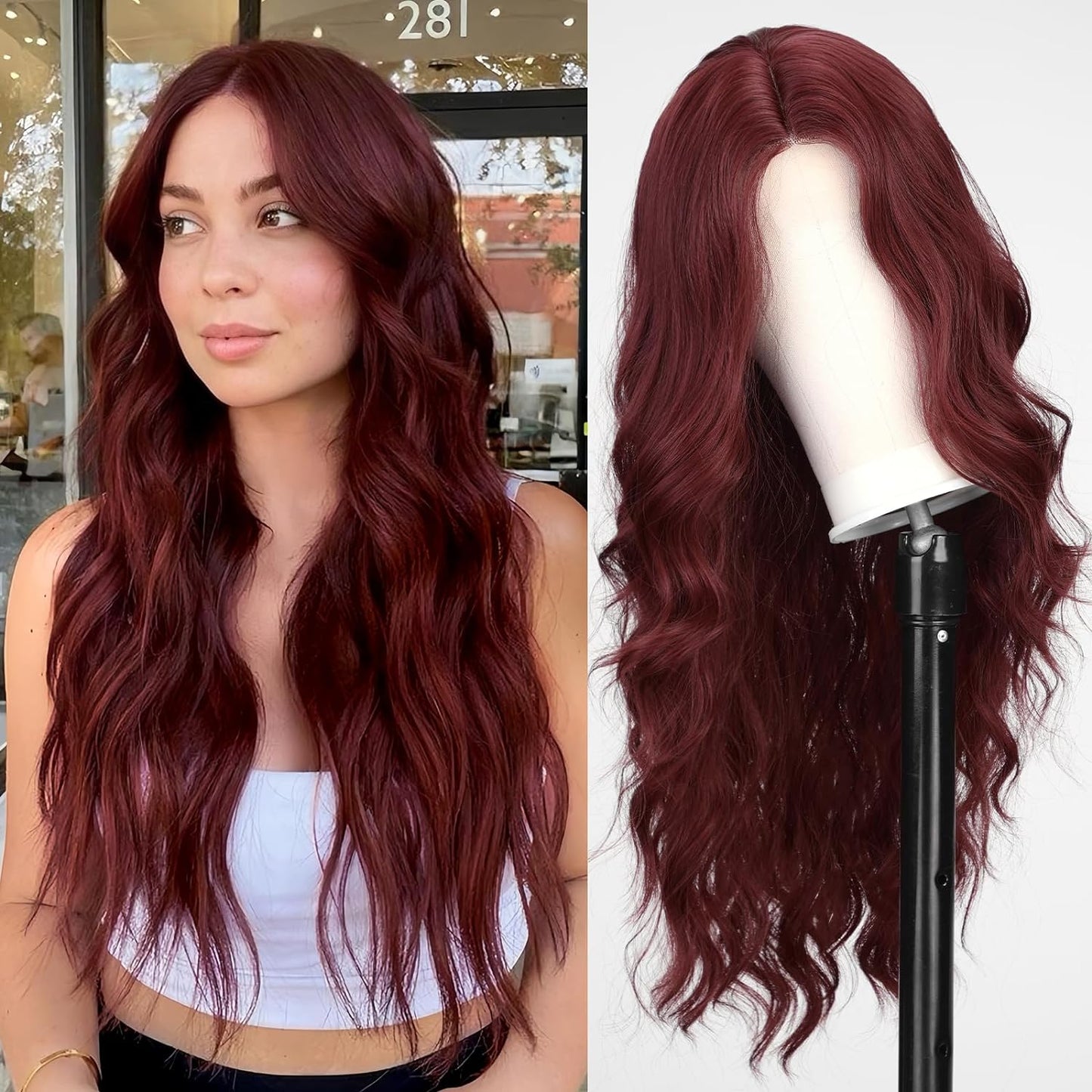 starluck Long Burgundy Wavy Wig for Women 26 Inch Middle Part Wine Red Curly Wig Natural Looking Synthetic Heat Resistant Fiber Wig for Daily Party Use