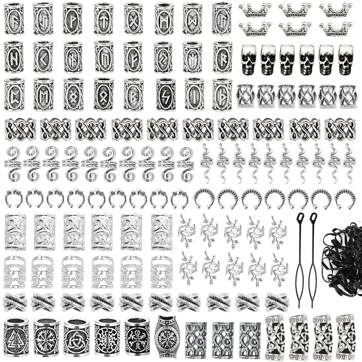 218 Pcs Viking Hair Accessories Beard Beads Viking Hair Jewelry Beads Norse Runes Tube Beads Accessories for Dreadlocks Braids,Viking Dreadlock Beads for Women Hair Jewelry Metal Clips Cuffs Rings DIY