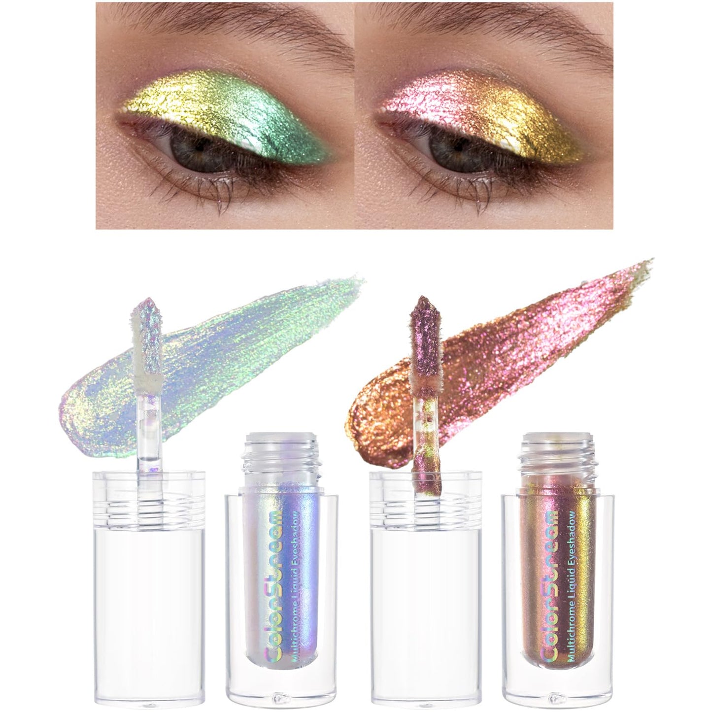CHARMACY 2 Colors Liquid Duochrome Eyeshadow, Multi-Dimensional Eye Looks, Long Lasting Glitter Eye Shadow Sets Metallic Pigments, Quick Drying, Glitter Multichrome Eyeshadows Makeup Set(10/16)