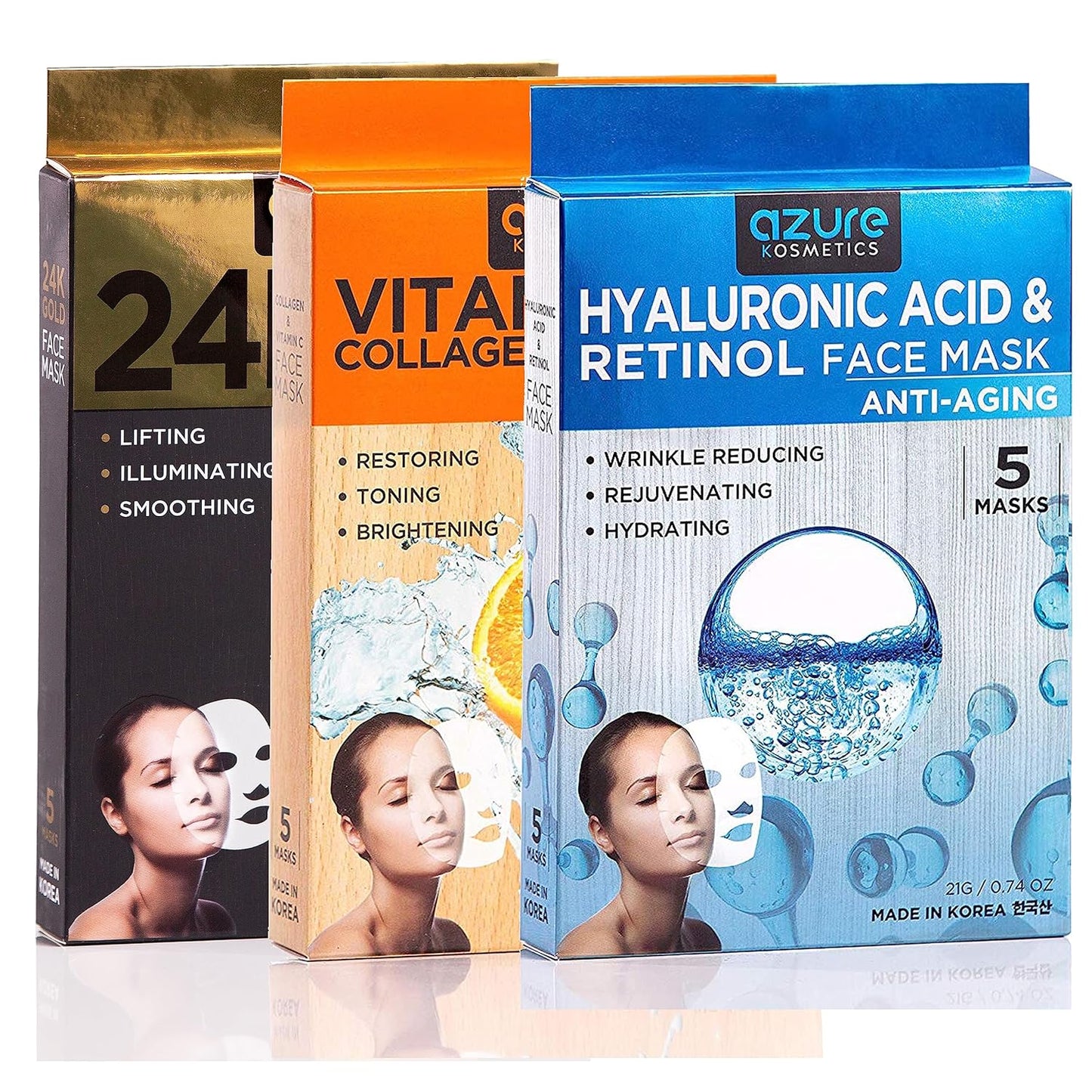 Complete Facial Sheet Mask Bundle - Deeply Hydrating, Anti Aging, Firming, Brightening - Hyaluronic Acid, Collagen, Vit C, B5, Retinol - Vegan and Alcohol/Cruelty Free - 15 Masks - Made in Korea