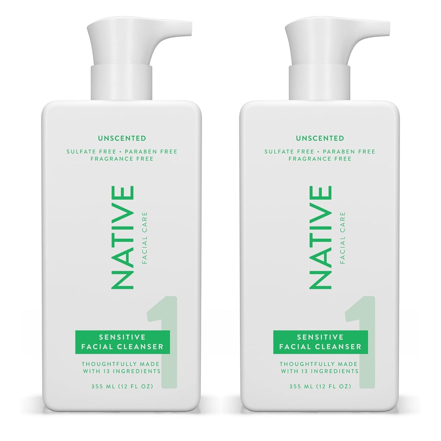 Native Sensitive Face Wash 12 fl oz (2 Pack), Unscented Facial Cleanser with Aloe and Vitamin B3, Daily Face Cleanser for Sensitive Skin - 2 Pack, (12 fl oz each)