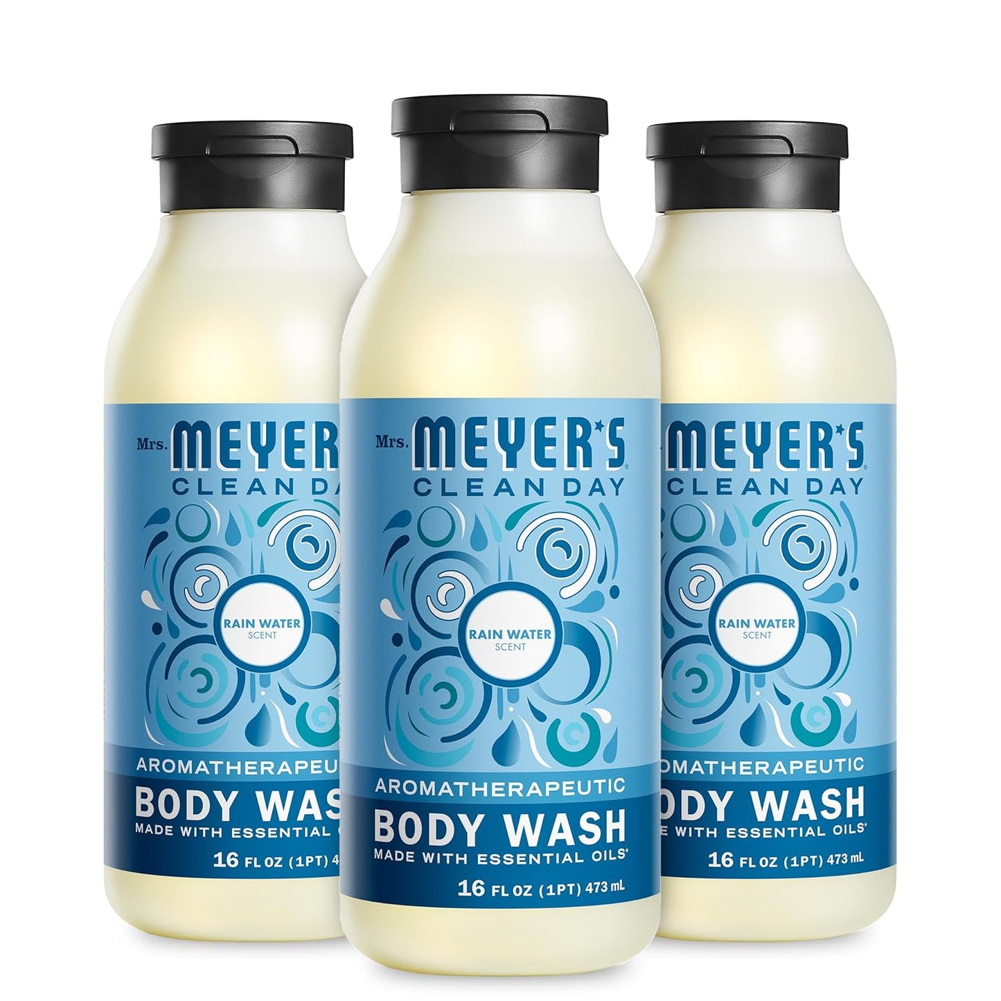 MRS. MEYER'S CLEAN DAY Moisturizing Body Wash for Women and Men, Biodegradable Shower Gel Formula Made with Essential Oils, Rain Water, 16 oz Bottle, Pack of 3