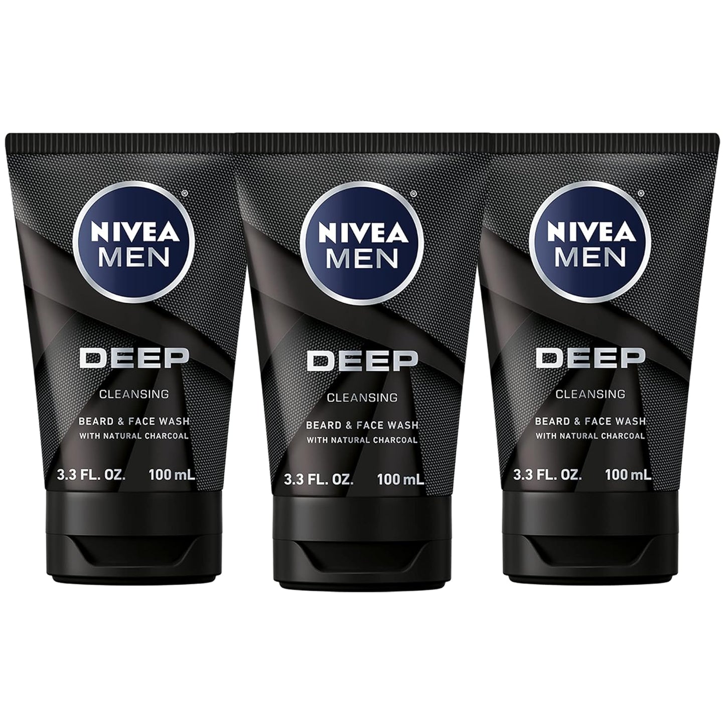 Nivea Men DEEP Cleansing Beard and Face Wash, Enriched with Natural Charcoal, 3 Pack of 3.3 Fl Oz Tubes