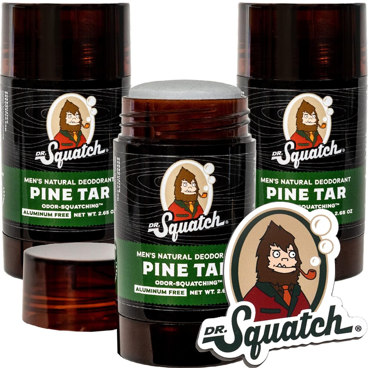 Dr. Squatch Natural Deodorant for Men 3 Pack Pine Tar Ð Odor-Squatching Men's Deodorant Aluminum-Free - Men's Natural Deodorant and Collectible Magnet