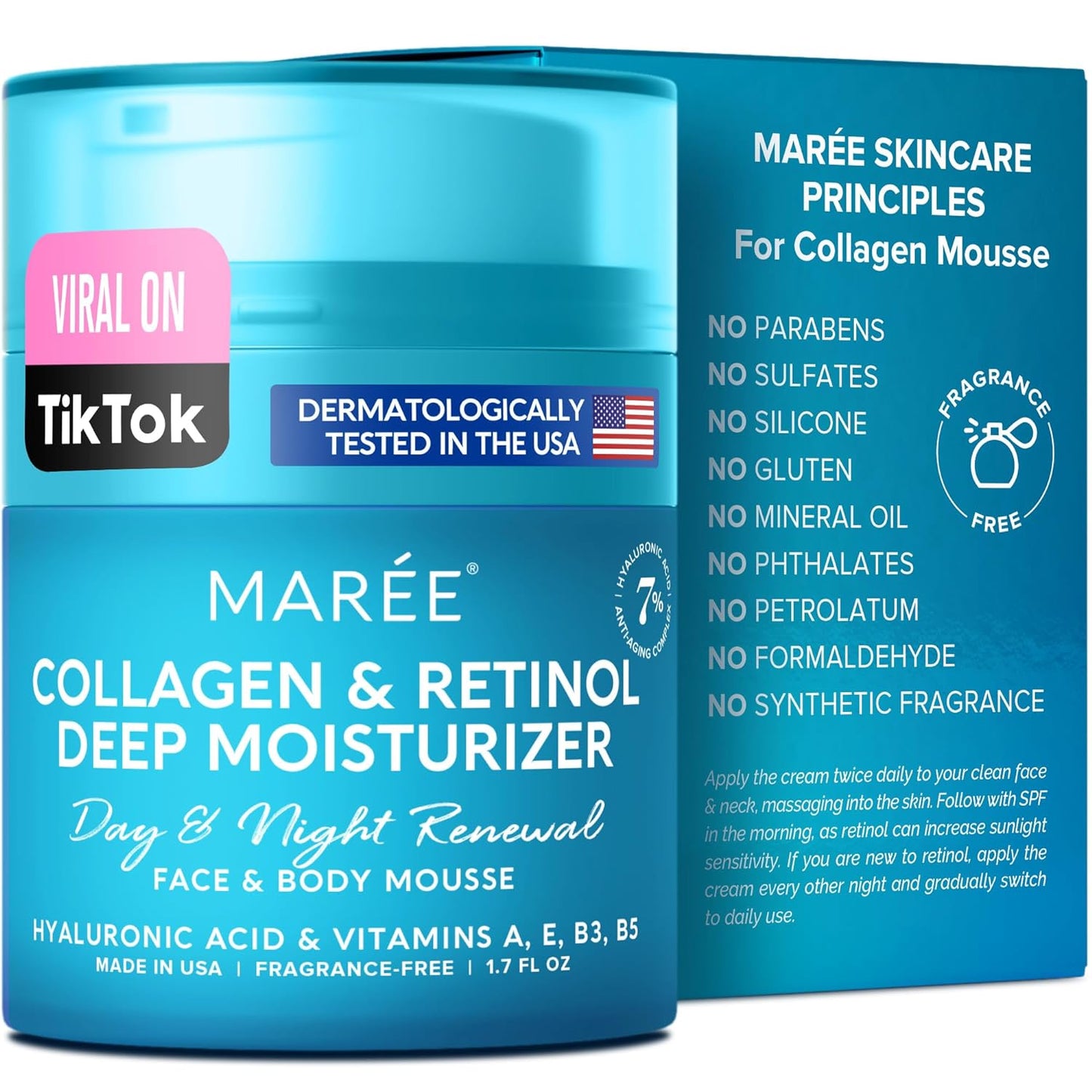 MAREE Face & Body Mousse - Collagen Moisturizer for Skin with Hyaluronic Acid & Retinol - Day & Night Time Facial Cream with Hydrating Effect - Moisturizing Cream for Face with Vitamins A & E - 1.7oz