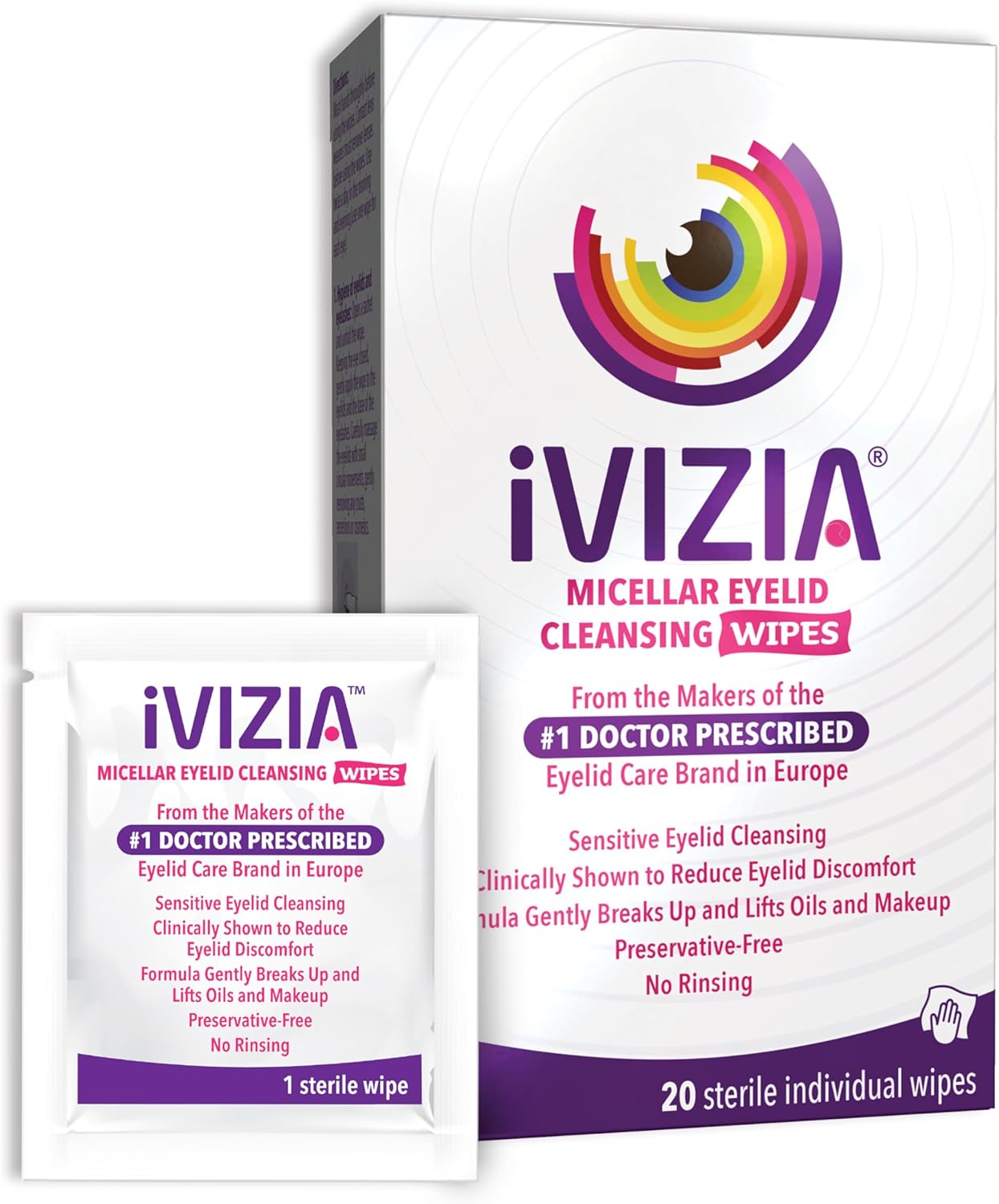 iVIZIA Eyelid Cleansing Wipes for Sensitive Eyelid Cleansing, Preservative-Free, Micellar, No Rinse, Gentle Eye Makeup Remover, 20 Sterile Single-Use Wipes for Eyelids