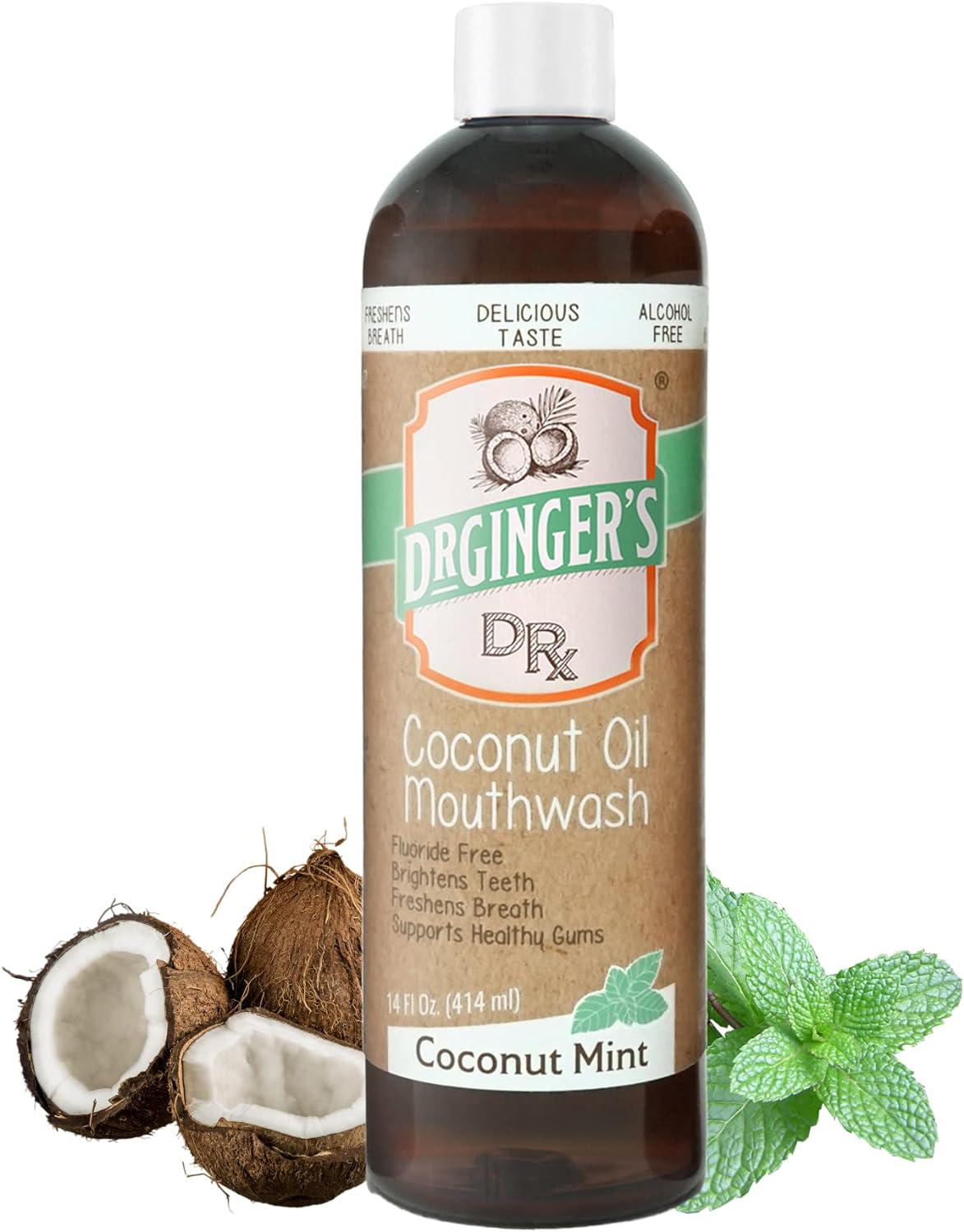 Dr. Ginger's Coconut Oil Pulling Mouthwash, All-Natural Oil Pulling & Xylitol to Target Bad Breath, Support Tongue and Gum Health and Brighten Teeth, Fluoride-Free, Coconut Mint Flavor, 14fl oz, 1ct