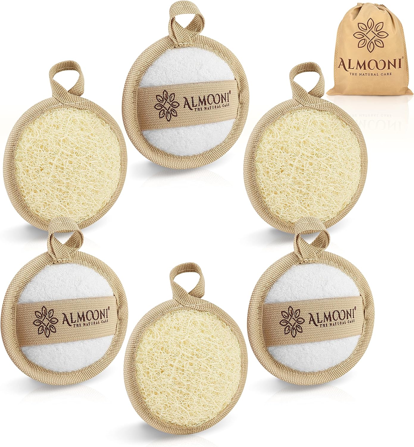 Almooni Natural Loofah Exfoliating Facial Scrubber, Made with Natural Egyptian Shower Loofah Sponge, Bath Shower Loofah Sponge for Women and Men, for Face That Gets You Clean - 6 Count (1 Pack)
