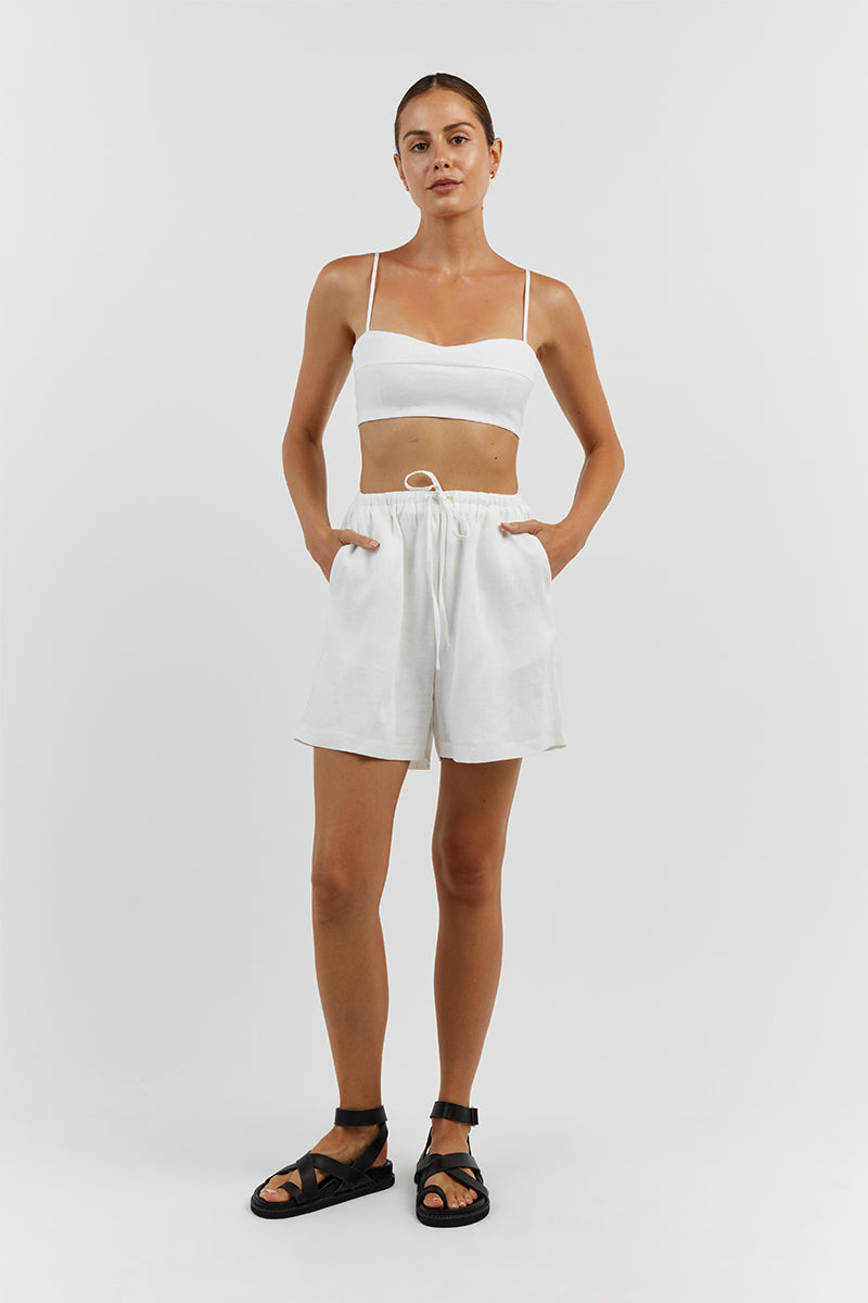 VIENNA WHITE LINEN CURVED CROP TOP Clothing DISSH Boutiques 14 WHITE