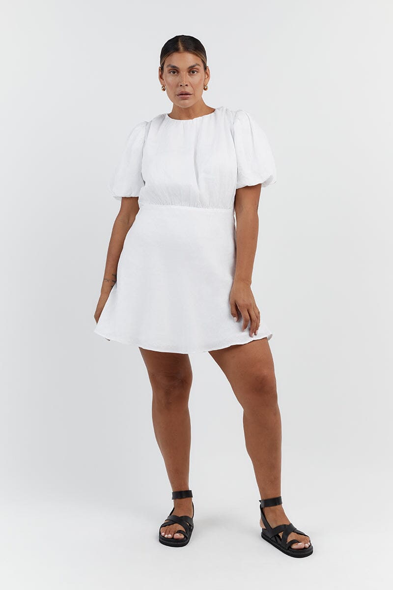 NAT WHITE GATHERED LINEN MINI DRESS Clothing DISSH Boutiques 14 WHITE