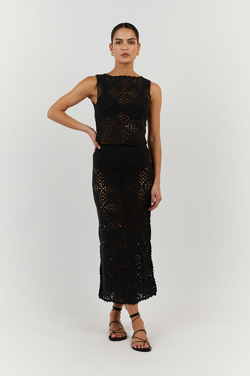 CLOVER BLACK CROCHET MIDI SKIRT Clothing DISSH Boutiques L BLACK