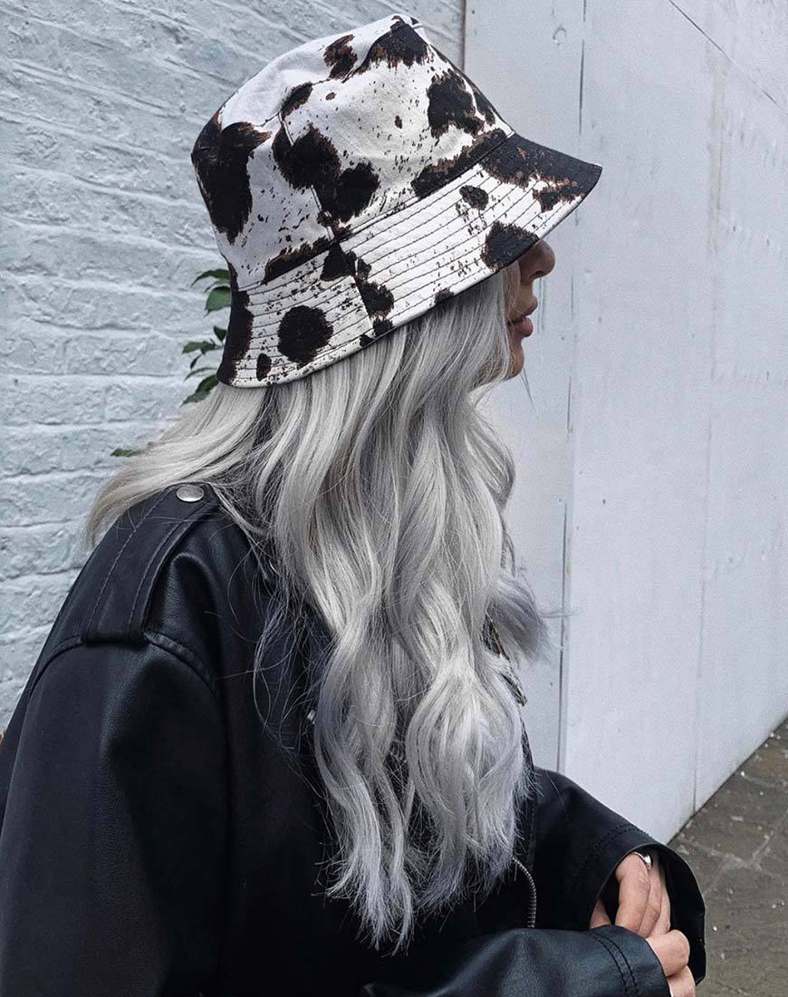 Bucket Hat in Cow Hide Brown and White Hat