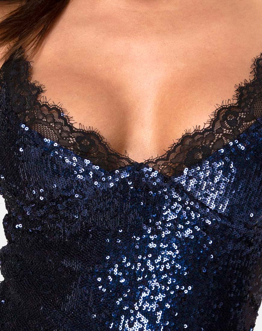 Romini Dress in Midnight Mini Sequin with Black Lace