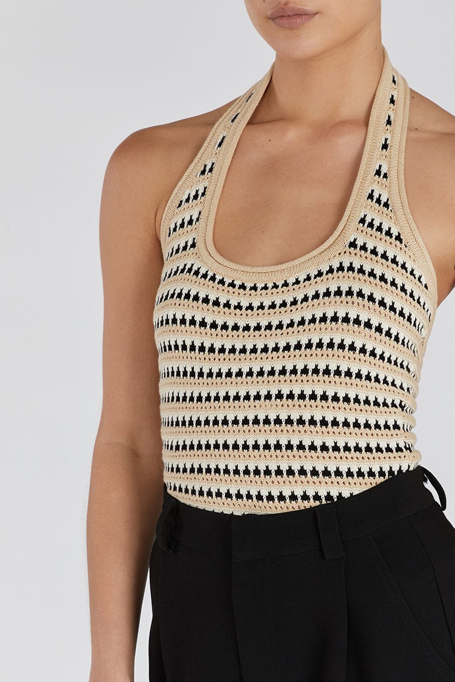 MIMI NATURAL STRIPE CROCHET HALTER TOP
