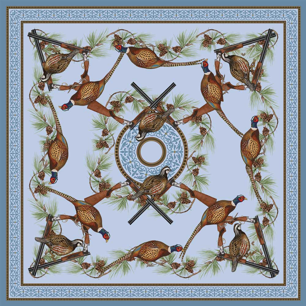 Kevin's Quail & Pheasant with Cross Guns Silk Scarf-Women's Clothing-LIGHT BLUE-Kevin's Fine Outdoor Gear & Apparel