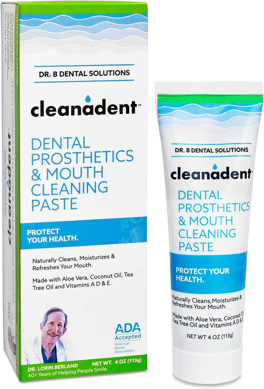 Dr. B Dental Solutions Cleanadent Denture and Gum Toothpaste, ADA Accepted All-Natural Denture Toothpaste for Adults - Removes Odors, Stains and Adhesives - 4 oz