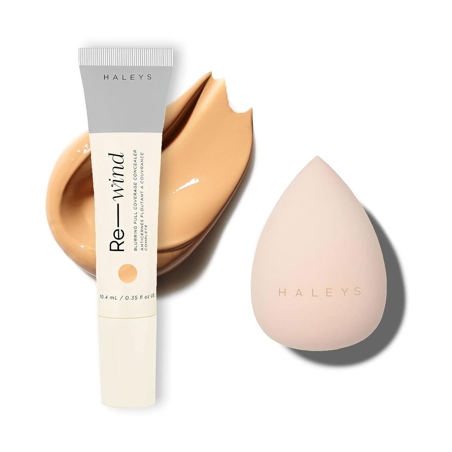 HALEYS Full-Coverage Concealer Set (Medium Tan-Warm): Re-wind Blurring Full Coverage Concealer, Brighten, Reduce dark circles and fine lines, Longwear, Lightweight, Re-mix Makeup Sponge, Smooths, Blur