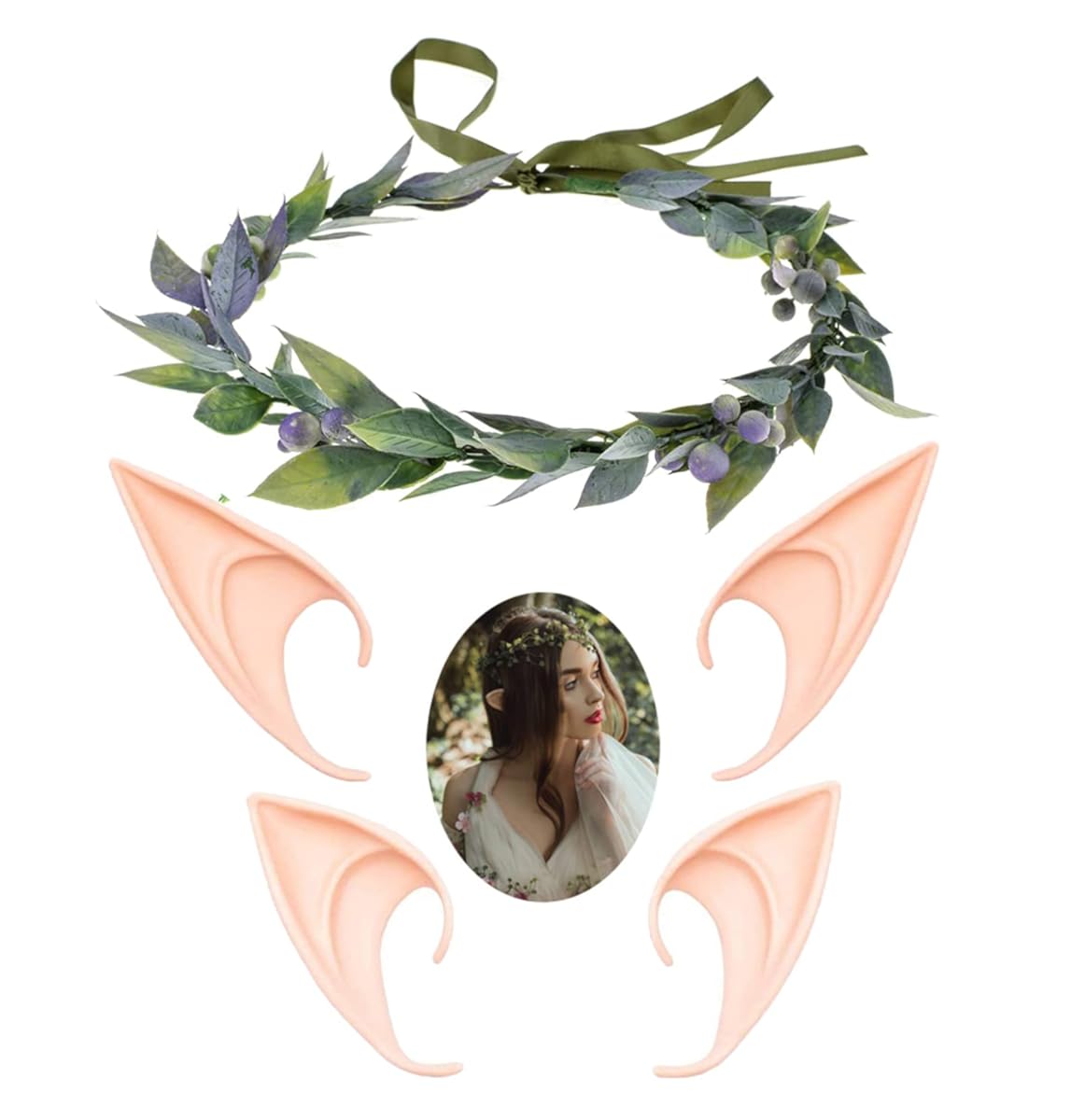 Funsveta Floral Headpiece Garland Halo Maternity Photo Shoot Flower Crown Eucalyptus Leave Headband Wedding Headpiece (2 Pairs Elf Ear+Purple Leaf Crown)