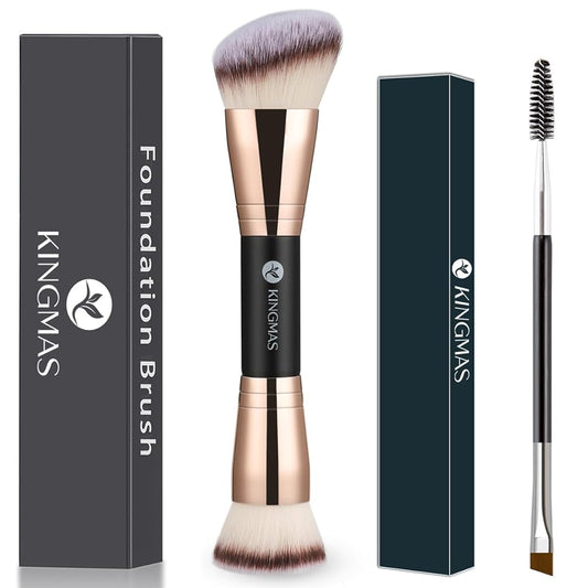 KINGMAS Foundation Makeup Brush, Kabuki Brush, Double-Ended Contour Brush and Double-Ended Angled Eyebrow Brush and Spoolie Brush (Black)