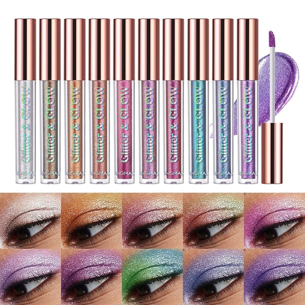 10 Colors Glitter Pearl Liquid Eyeshadow Waterproof Metallic Diamond Shimmer Eye Shadow Set Smudge-proof Shiny Eye Pigment Quick-Drying Sparkling Eye Shadow Naked Smokey Eye Looks Makeup