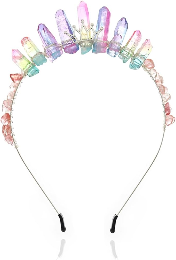 Formery Raw Crystals Fairy Crown Headband Silver Colorful Natural Stones Woodland Elf Quartz Tiara Halloween Cosplay Festival Handmade Witch Aura Headpiece Hair Accessories for Women and Girls