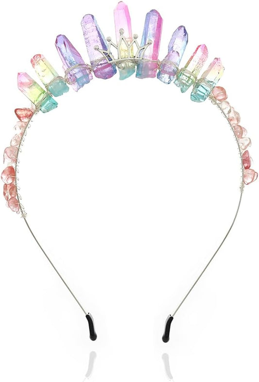 Formery Raw Crystals Fairy Crown Headband Silver Colorful Natural Stones Woodland Elf Quartz Tiara Halloween Cosplay Festival Handmade Witch Aura Headpiece Hair Accessories for Women and Girls