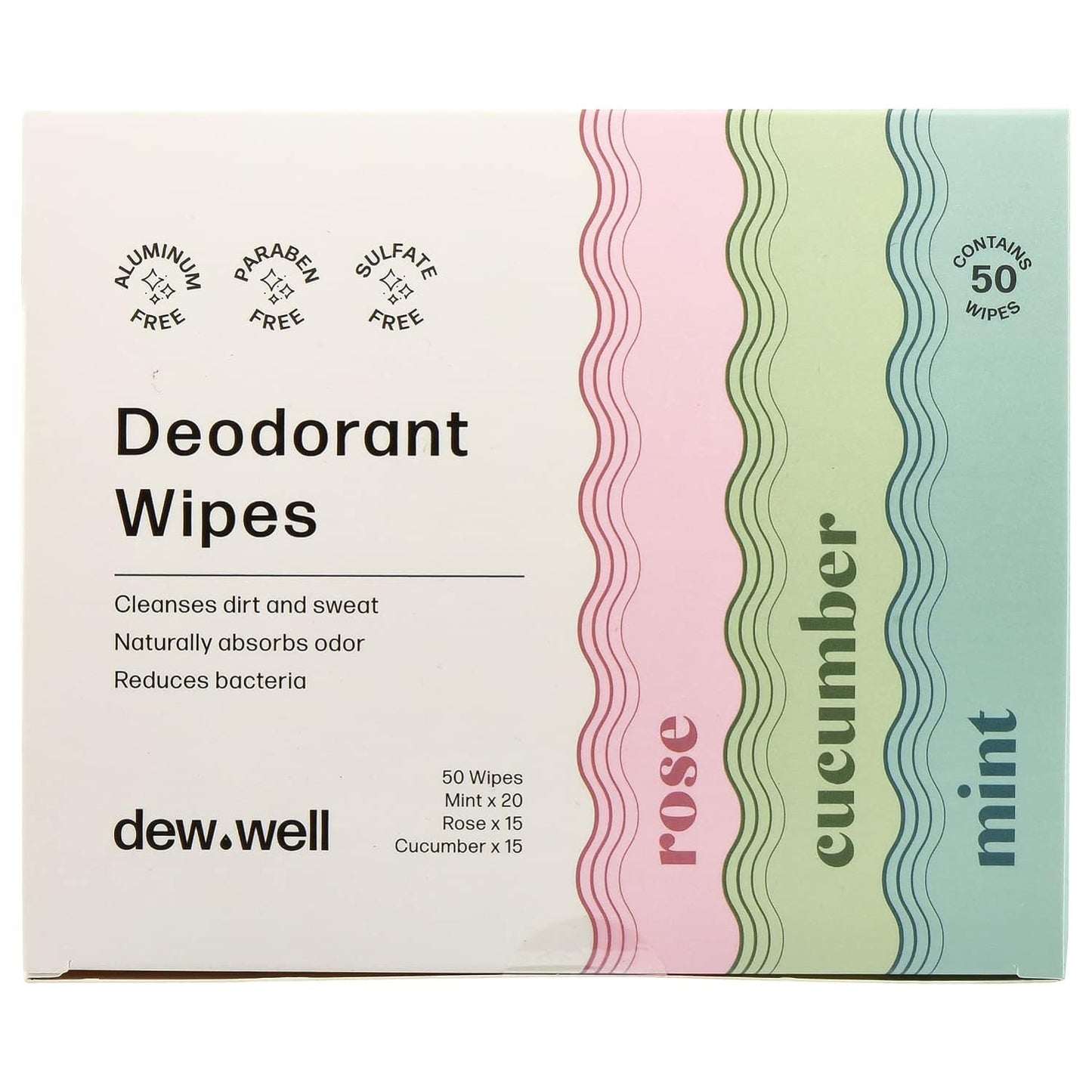 Dew Well - Refresh Deodorant Wipes - A Fresh Start When YouÕre On the Go - Aluminum, Paraben, and Sulfate Free - Variety Pack (Mint, Rose, and Cucumber) - 50 Individually Wrapped Wipes