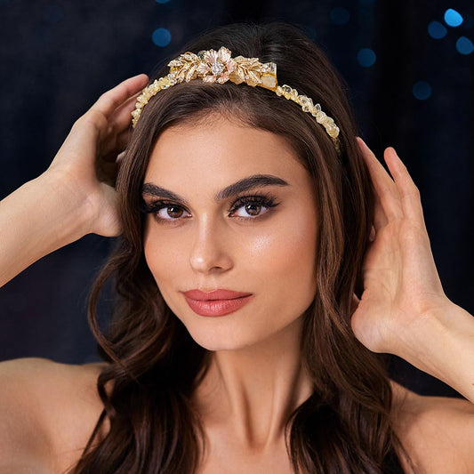 Formery Raw Crystal Tiara Headband Gold Flower Yellow Quartz Crown Hairband Woodland Fairy Elf Halloween Rhinestone Leaves Natural Stone Chip Hair Accessories for Women and Girls