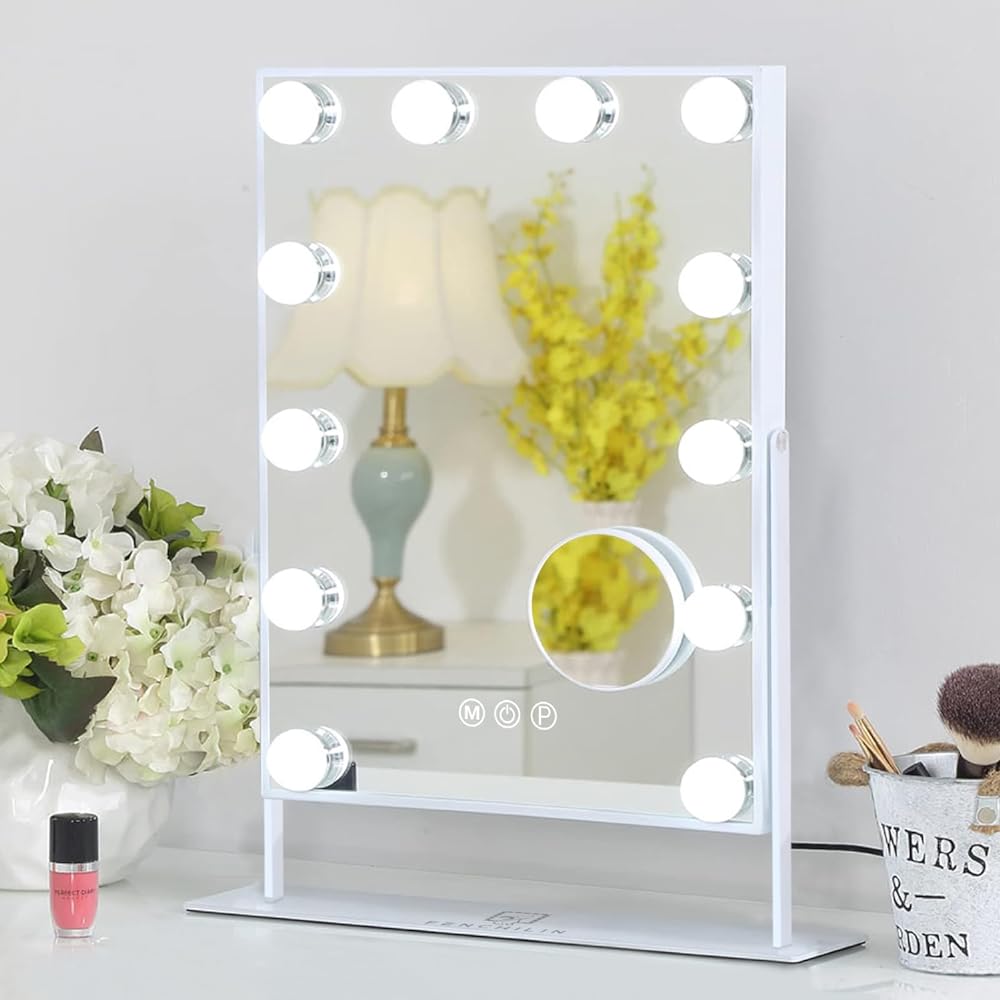 FENCHILIN Lighted Makeup Mirror Hollywood Mirror Vanity Makeup Mirror with Light Smart Touch Control 3Colors Dimmable Light Detachable 10X Magnification 360¡Rotation(White)