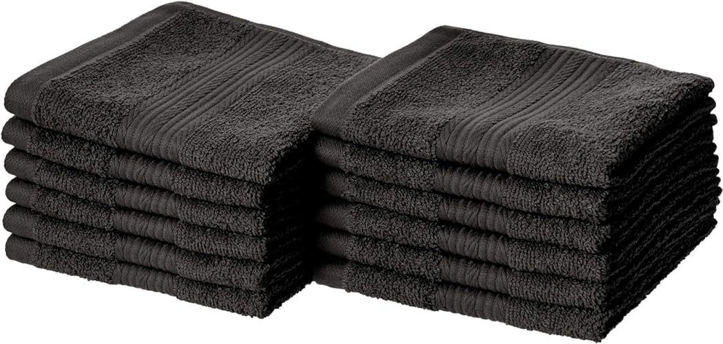 Amazon Basics Fade Resistant Cotton Washcloth, 12-Pack, 12" L x 12" W, Black
