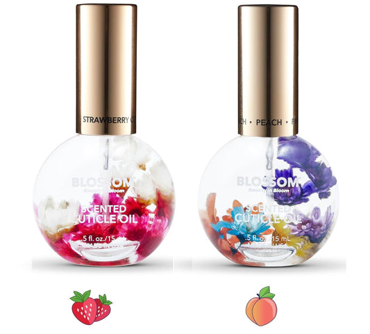 Blossom Hydrating, Moisturizing, Strengthening, Scented Cuticle Oil, Infused with Real Flowers, Made in USA, 2 Pack Bundle, Juicy Peach/Strawberry