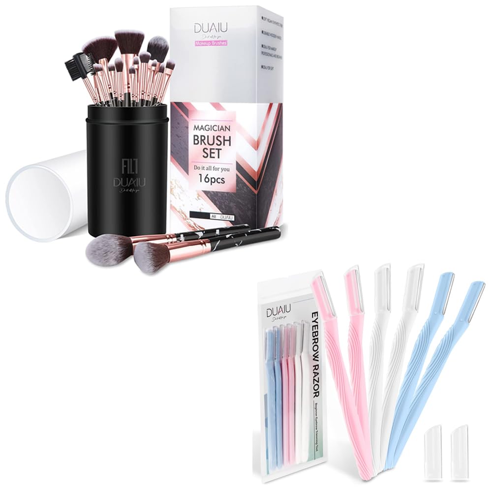 DUAIU 6Pcs Eyebrow Razor with 16PCS Professional Makeup Brushes Set