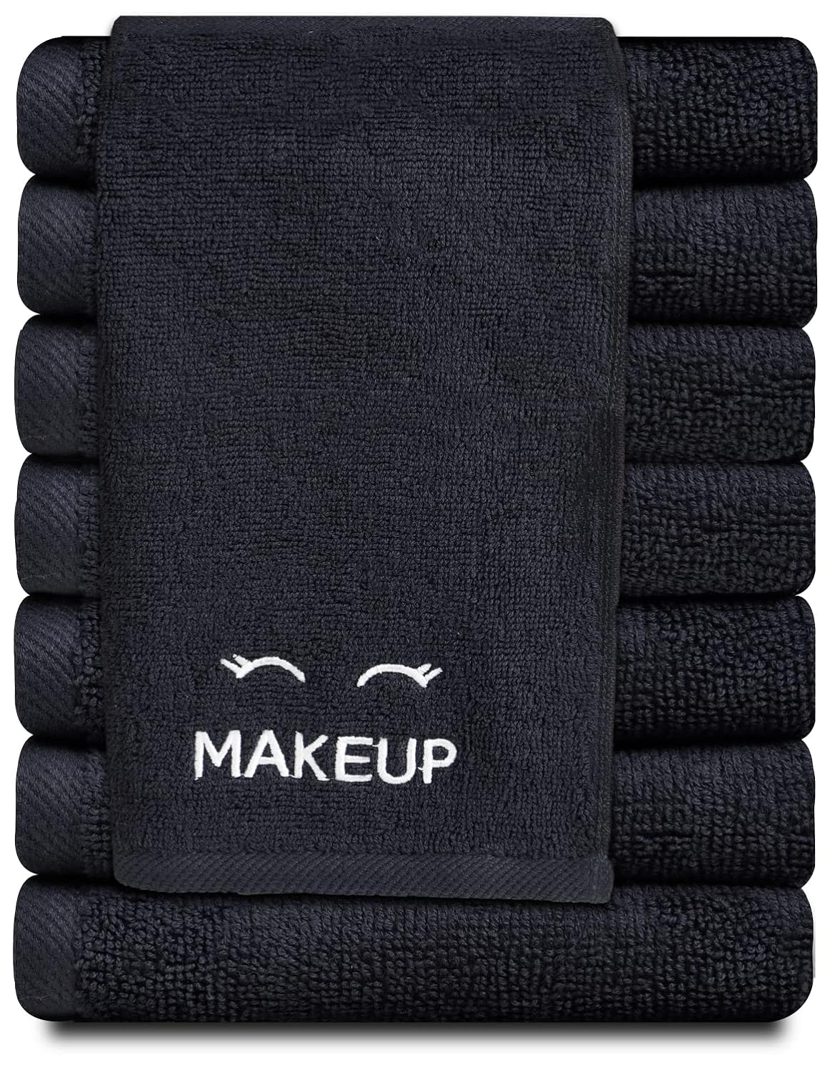 White Classic Black Small Hand Towels Set of 12, Luxury Ultra Soft Cotton Face Cleansing Towels, Cosmetics Removal Towels with Hang Loop, Embroidered Design