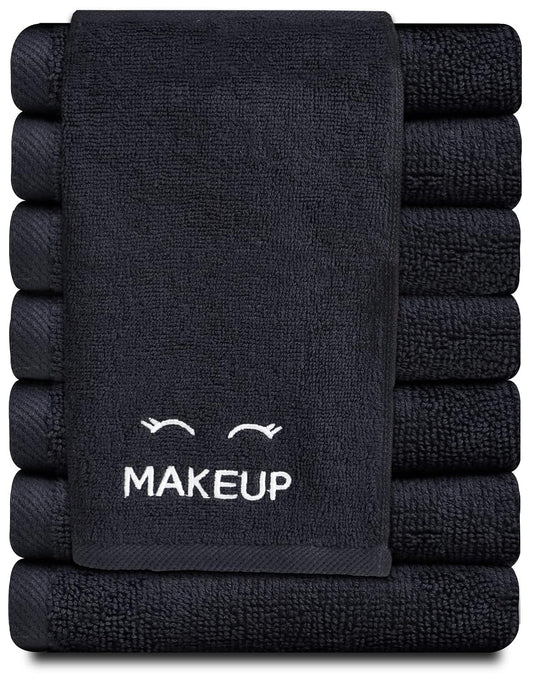 White Classic Black Small Hand Towels Set of 12, Luxury Ultra Soft Cotton Face Cleansing Towels, Cosmetics Removal Towels with Hang Loop, Embroidered Design