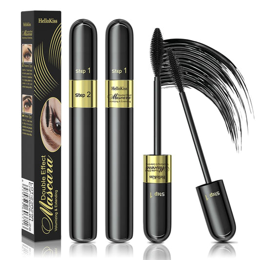 4D 2 in 1 Tubing Mascara Waterproof & Smudge-Proof, Long-Lasting Mascara Black Volumizing and Lengthening, Curling Eyelashes,Eye Makeup, Black (2PCS)