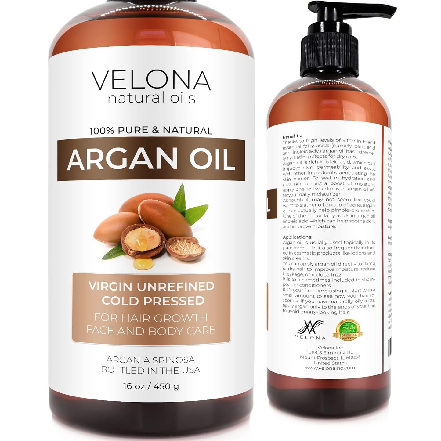 velona Argan Oil - 16 oz | Morocco Oil | Stimulate Hair Growth, Skin, Body and Face Care | Nails Protector | Unrefined, Cold Pressed | Cap KitÉ
