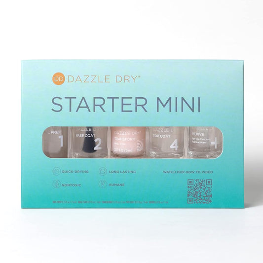 Dazzle Dry Complete Starter Mini Kit | Step 1 - Nail Prep, Step 2 - Base Coat, Step 4 - Top Coat, Transform - Ridge Filler & Revive - Polish & Top Coat Thinner.